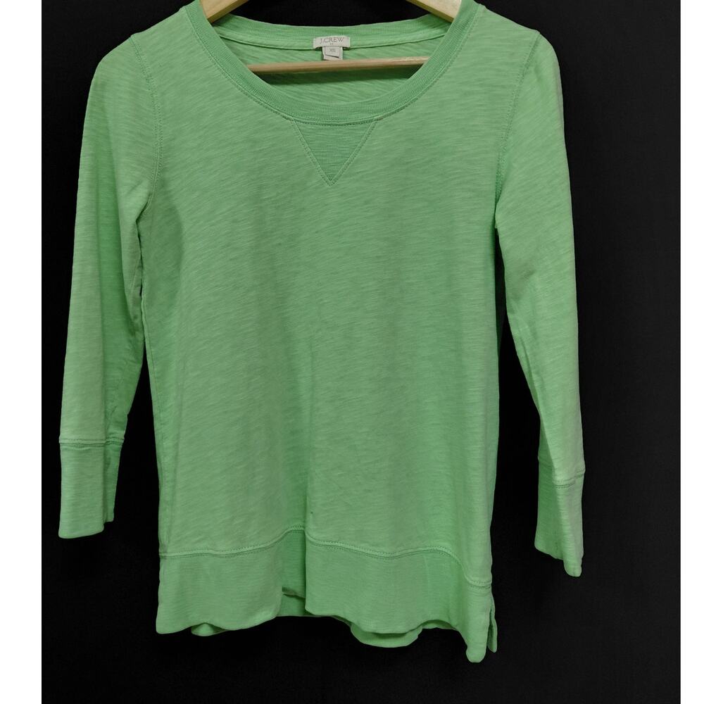 J.CREW Green Cotton V-Neck Top Solid Knit 3/4 Sleeve Women Size XS